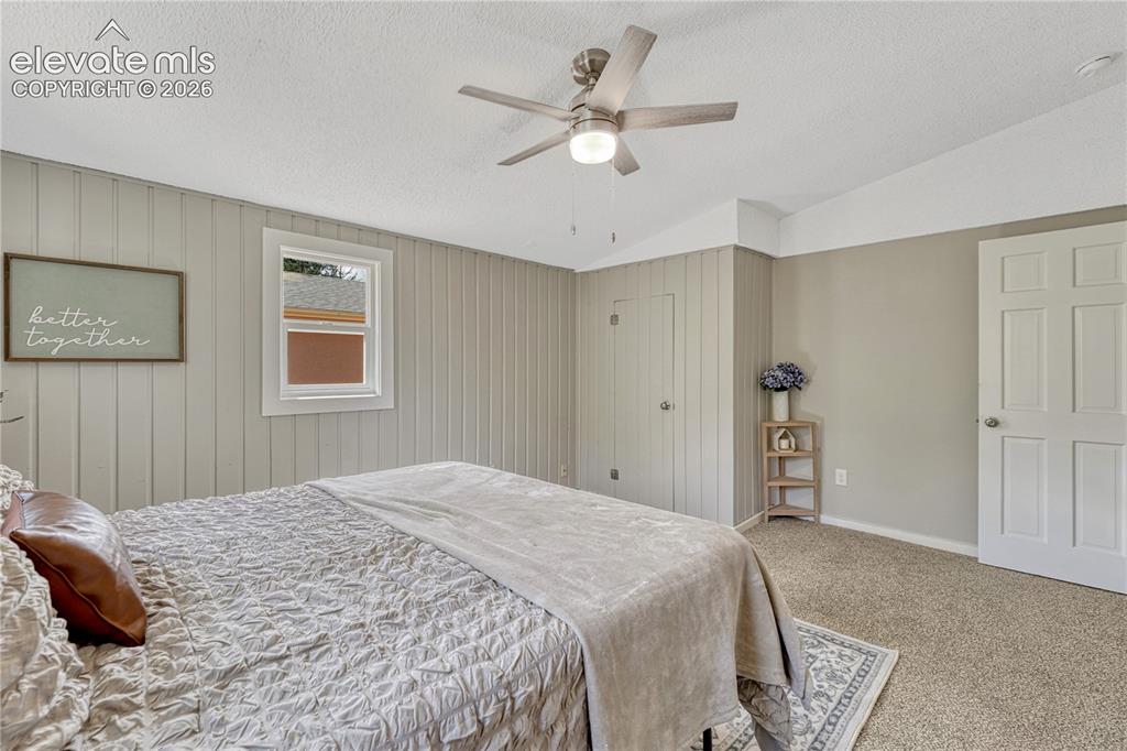 Image 13 of 41: Spacious primary bedroom featuring neutral shiplap walls, carpeted flooring