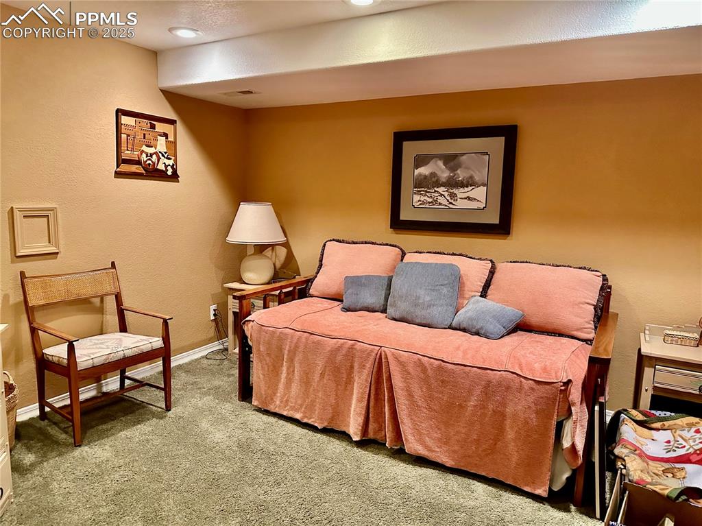 Image 16 of 41: Carpeted bedroom with a textured wall and recessed lighting