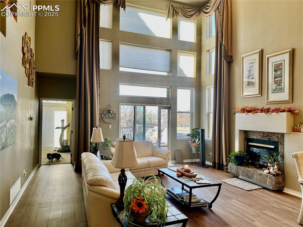 Image 2 of 41: Living room featuring a towering ceiling, wood finished floors, a high end 