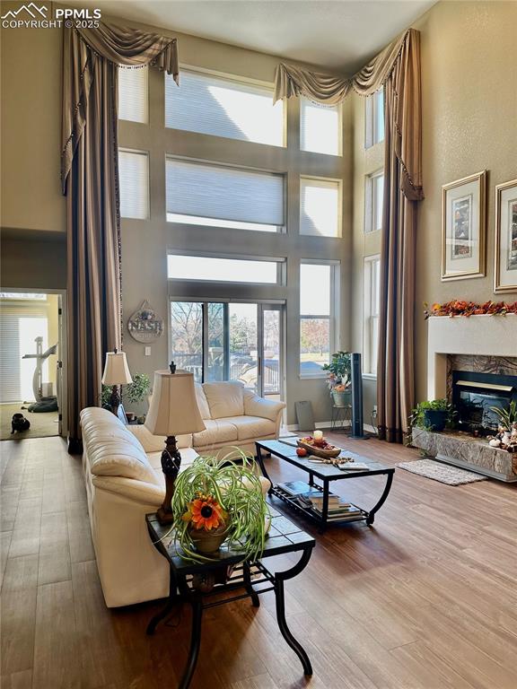 Image 3 of 41: Living room featuring a towering ceiling, wood finished floors, and a premi