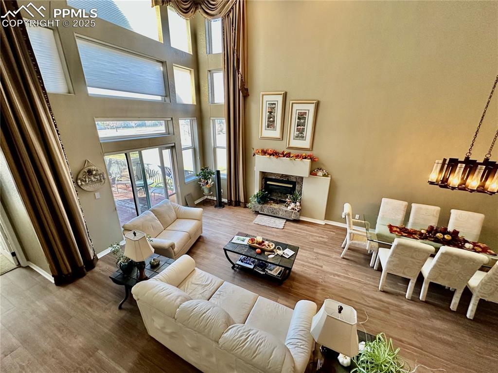 Image 33 of 41: Living area with a towering ceiling, wood finished floors, a premium firepl