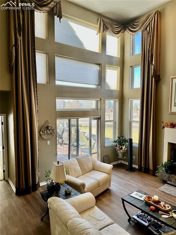 Image 34 of 41: Living room featuring a towering ceiling, wood finished floors, and a firep