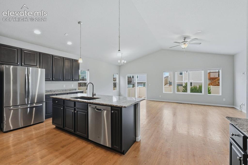 Image 11 of 40: Open-concept kitchen and living area featuring wood-finish flooring, dark c