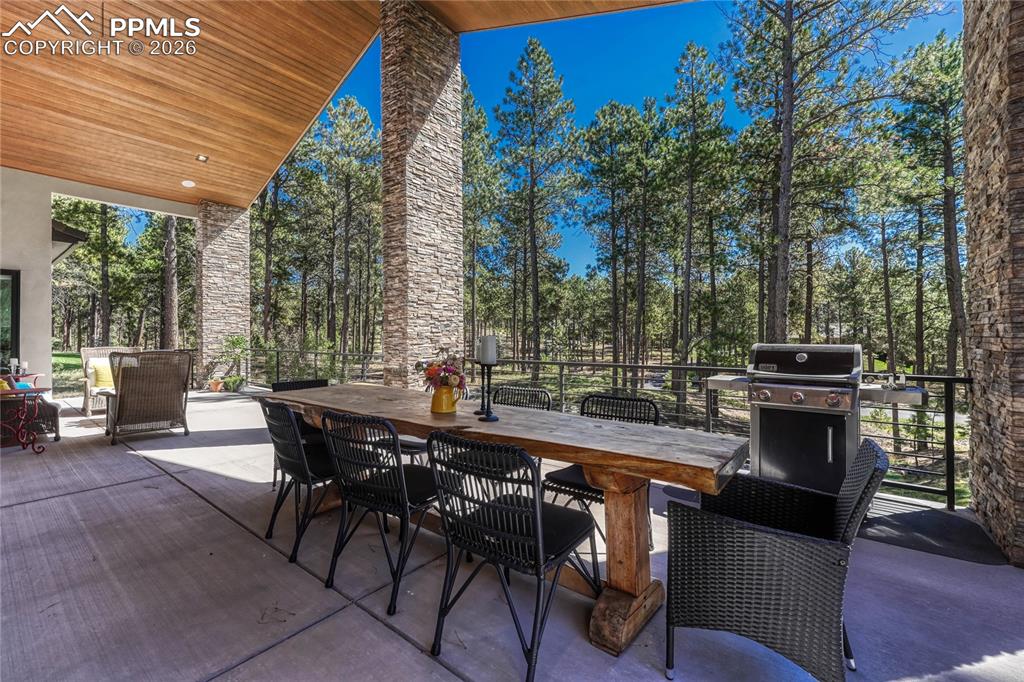 Image 13 of 49: View of patio with outdoor dining area and grilling area