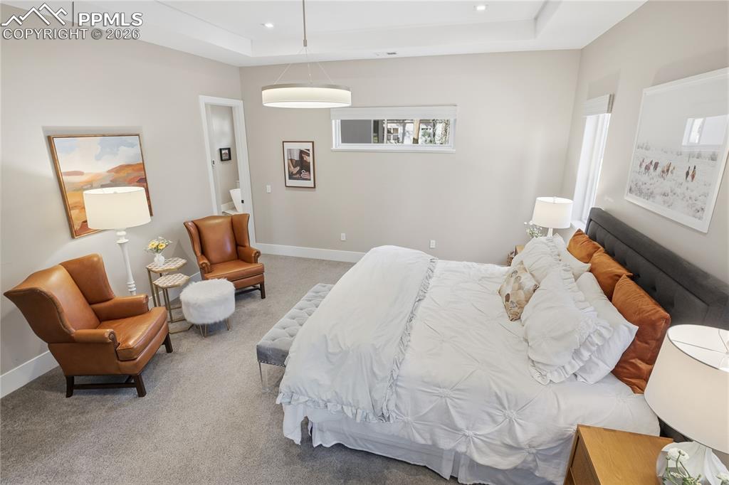 Image 16 of 49: Bedroom with carpet floors, a raised ceiling, and recessed lighting