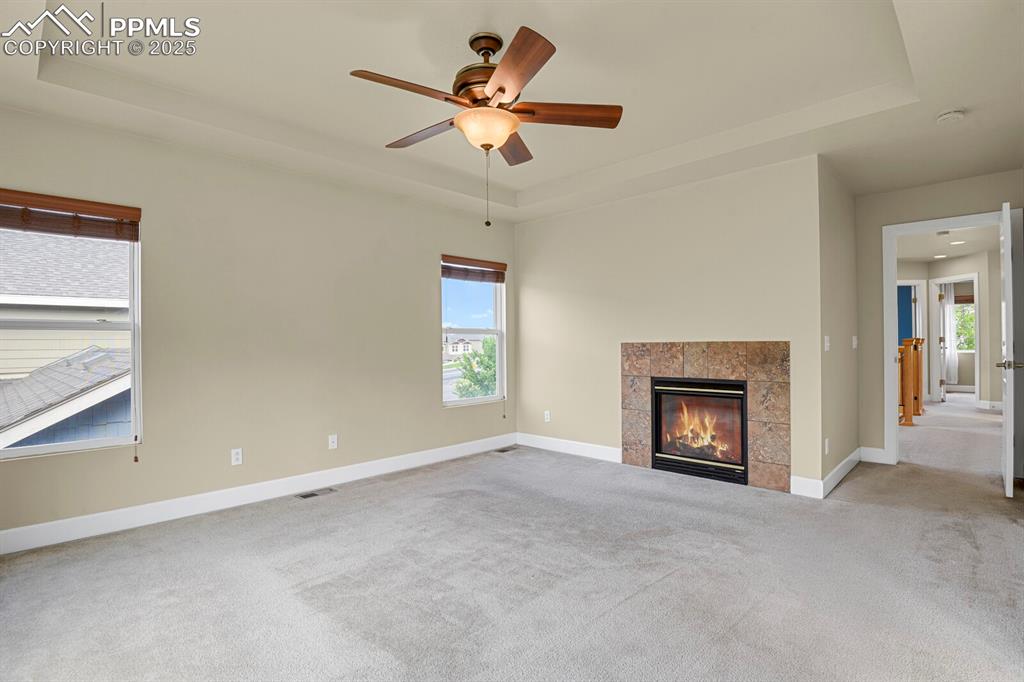 Image 22 of 35: Unfurnished living room with a tray ceiling, plenty of natural light, carpe