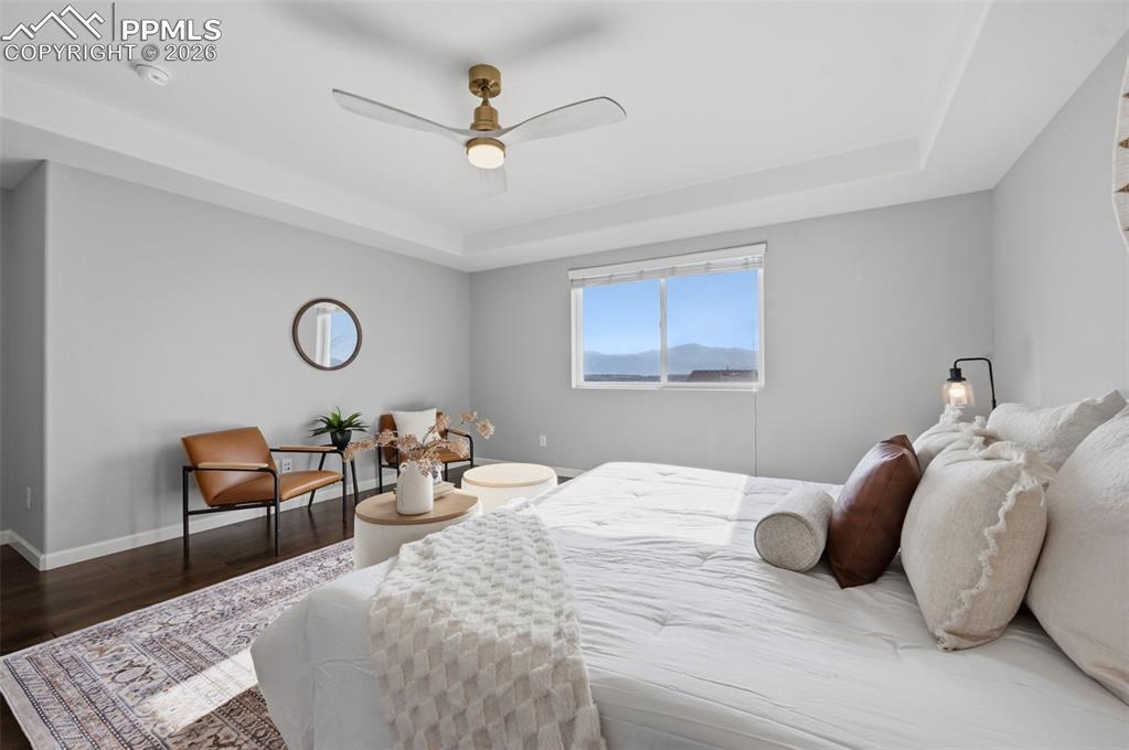 Image 19 of 49: Spacious room featuring a tray ceiling, wood-finish flooring, and a large w