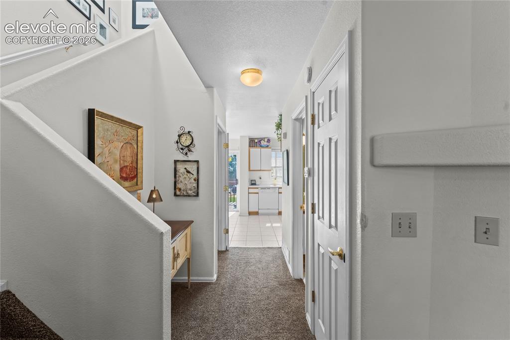 Image 21 of 43: Carpeted hallway with white interior doors, a white handrail, and an overhe