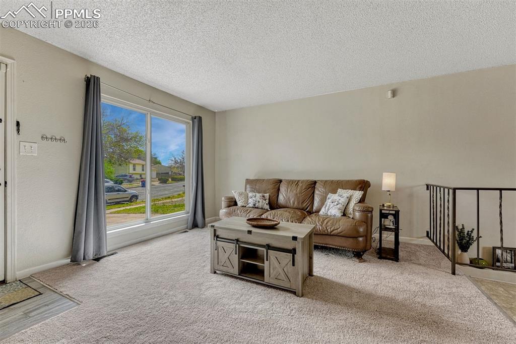 Image 5 of 42: Living area featuring expansive picture windows, neutral carpeting, and a t