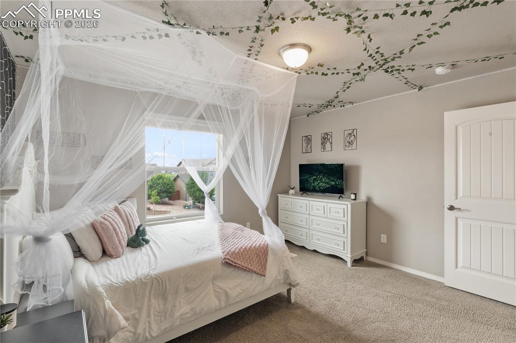 Image 39 of 50: Bedroom with carpet floors and baseboards