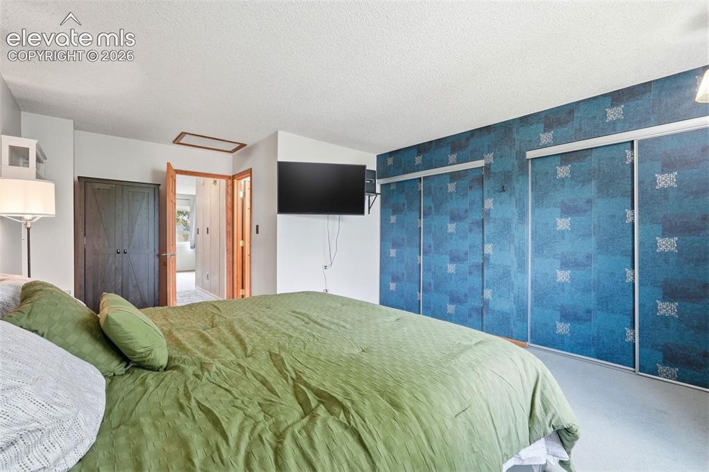 Image 19 of 45: Carpeted room featuring multiple sliding door closets, a six-panel wood doo
