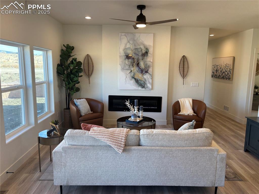 Image 6 of 19: Living room with a glass covered fireplace, ceiling fan, light wood finishe