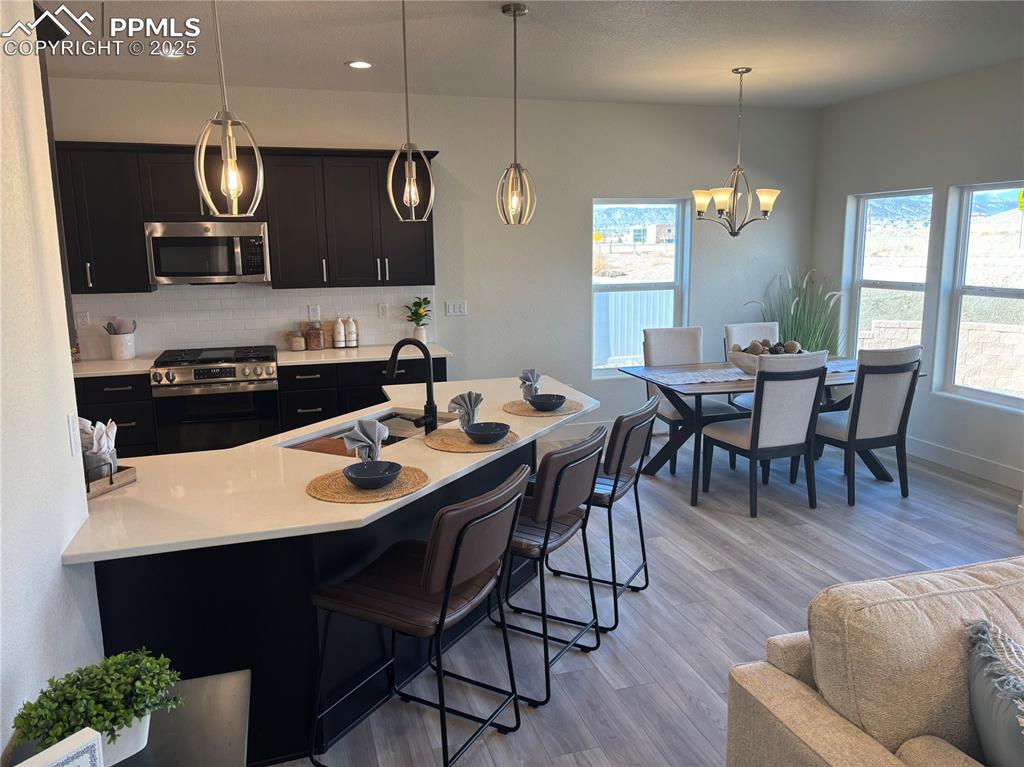 Image 7 of 19: Kitchen featuring dark cabinets, stainless steel appliances, a kitchen bar,