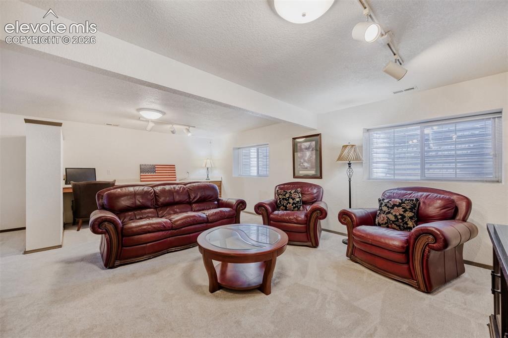 Image 14 of 29: Carpeted recreation area featuring white walls, overhead track lighting, mu