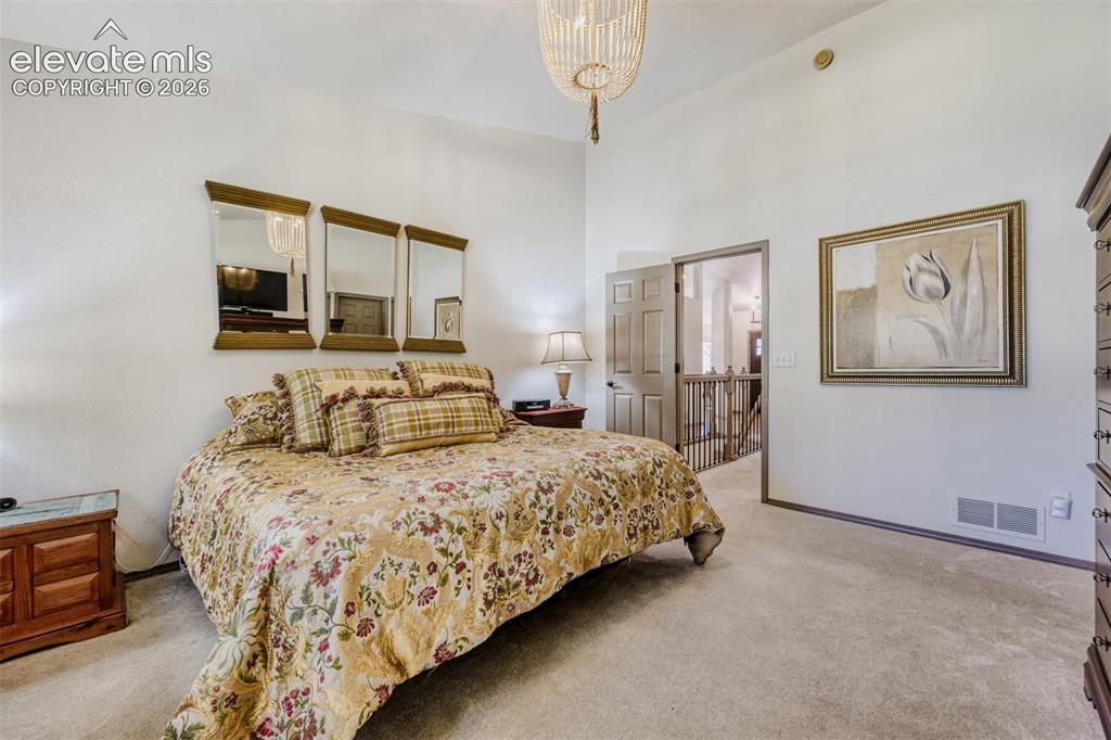 Image 17 of 29: Spacious room featuring vaulted ceilings, neutral-toned carpeting, and a li