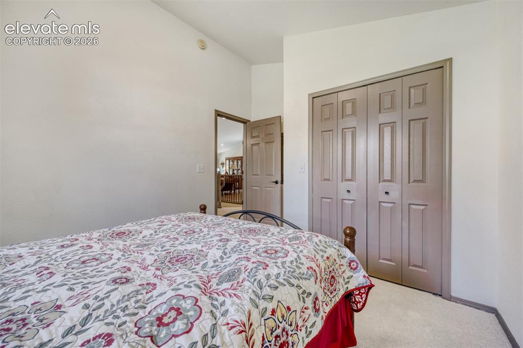 Image 21 of 29: Vaulted ceiling with an overhead light fixture,  paneled bi-fold closet doo