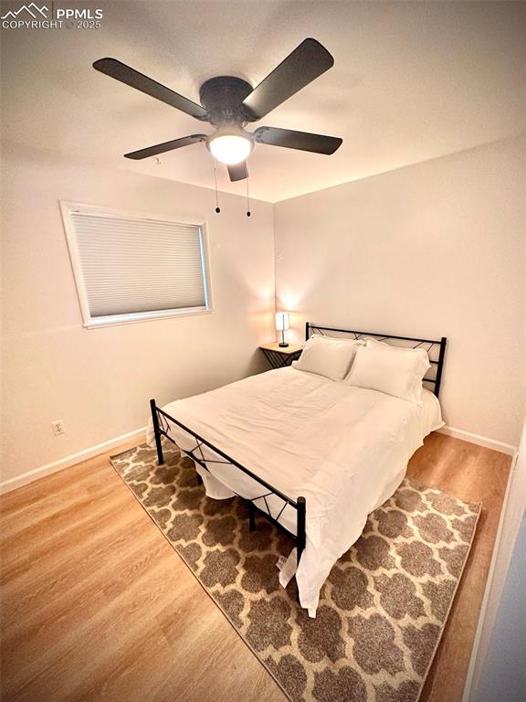 Image 24 of 28: 211-Unit D Bedroom 1 with light wood-style flooring and ceiling fan