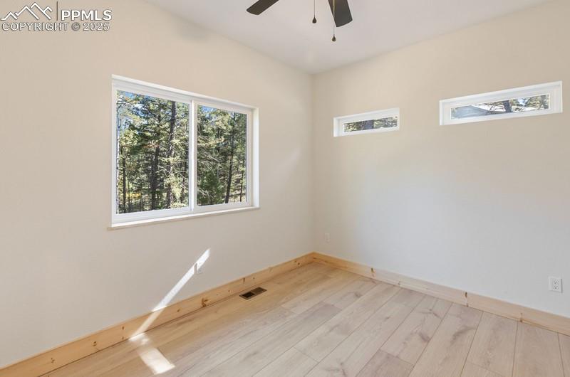 Image 29 of 37: Bedroom #3 with light wood-style floors and ceiling fan & Transom windows