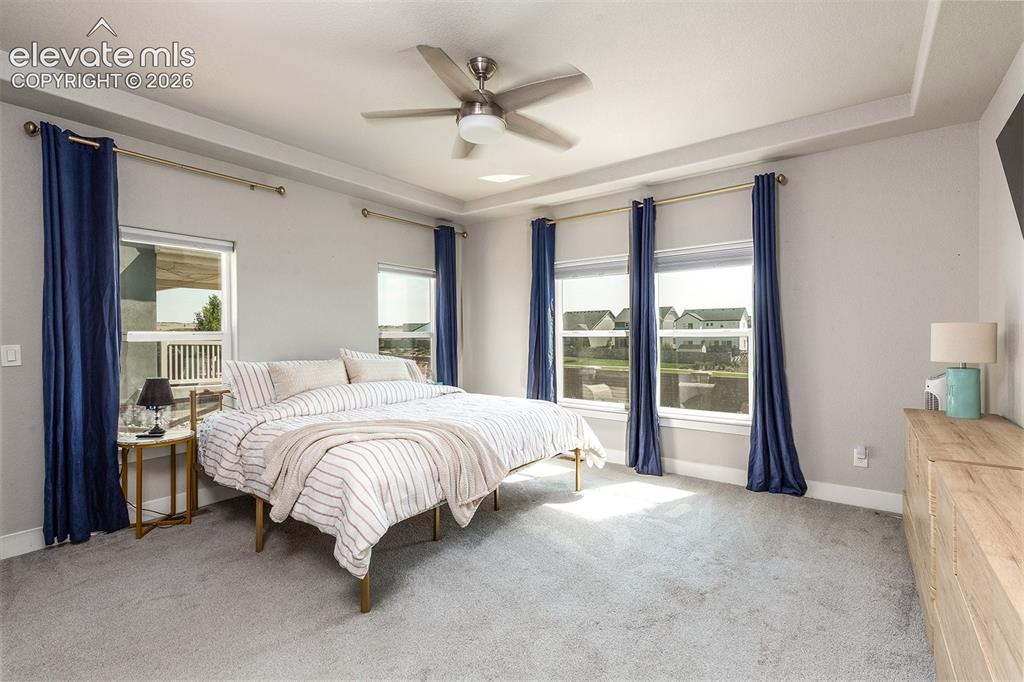 Image 18 of 43: Recessed ceiling with ceiling fan, light-toned carpeting, multiple windows,