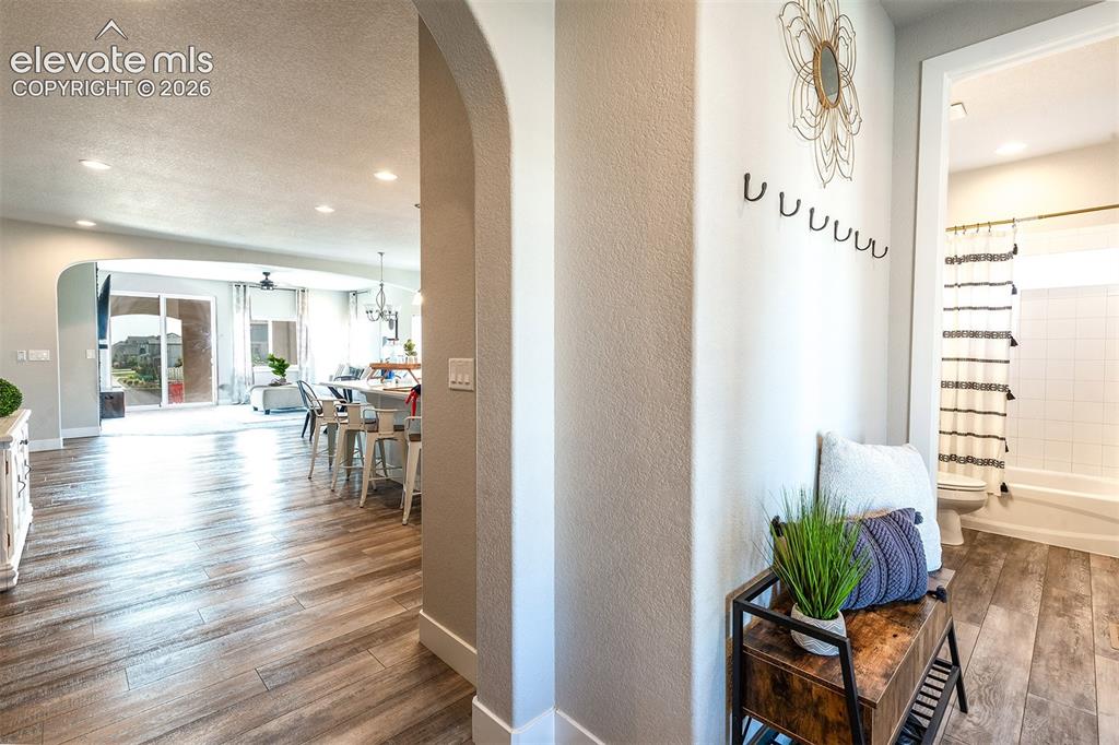 Image 5 of 43: Archway entry leading to an open-concept living space with wood-finish floo