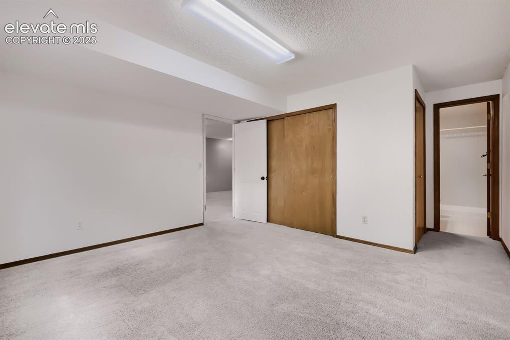 Image 7 of 28: Spacious room featuring light grey carpeting, white walls, and dark wood tr