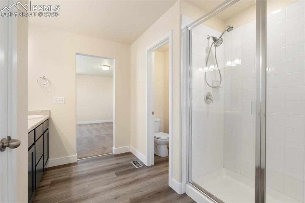 Image 21 of 35: Full bath featuring a shower stall, vanity, and wood finished floors