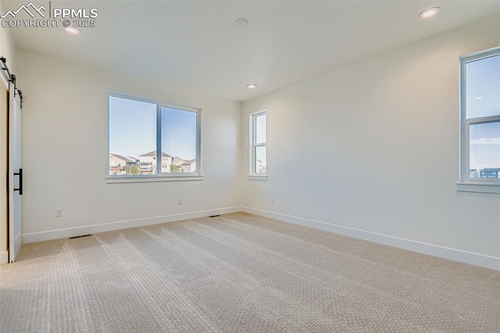 Image 13 of 28: Unfurnished room featuring a barn door, light colored carpet, plenty of nat