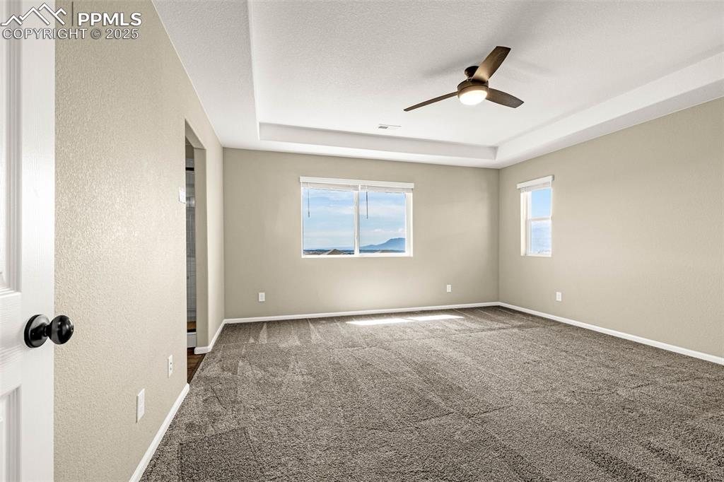 Image 17 of 42: Carpeted empty room featuring a tray ceiling, ceiling fan, and a textured w