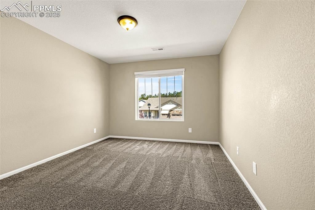 Image 25 of 42: Unfurnished room featuring a textured wall, carpet floors, and a textured c