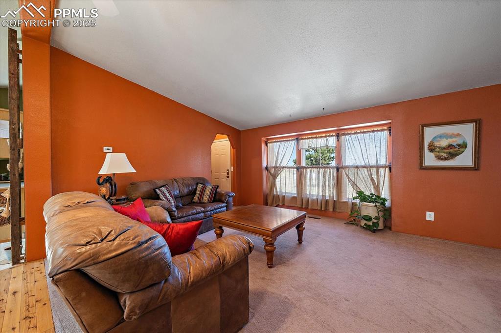 Image 6 of 50: Living room featuring vaulted ceiling and carpet flooring