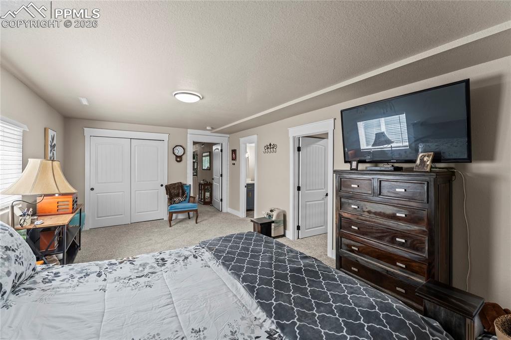 Image 29 of 44: Bedroom with light colored carpet, a textured ceiling, and a closet