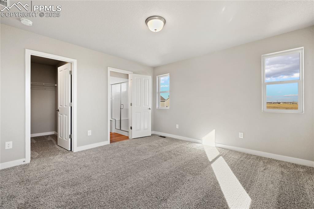 Image 31 of 38: Unfurnished bedroom featuring a walk in closet, light carpet, and ensuite b