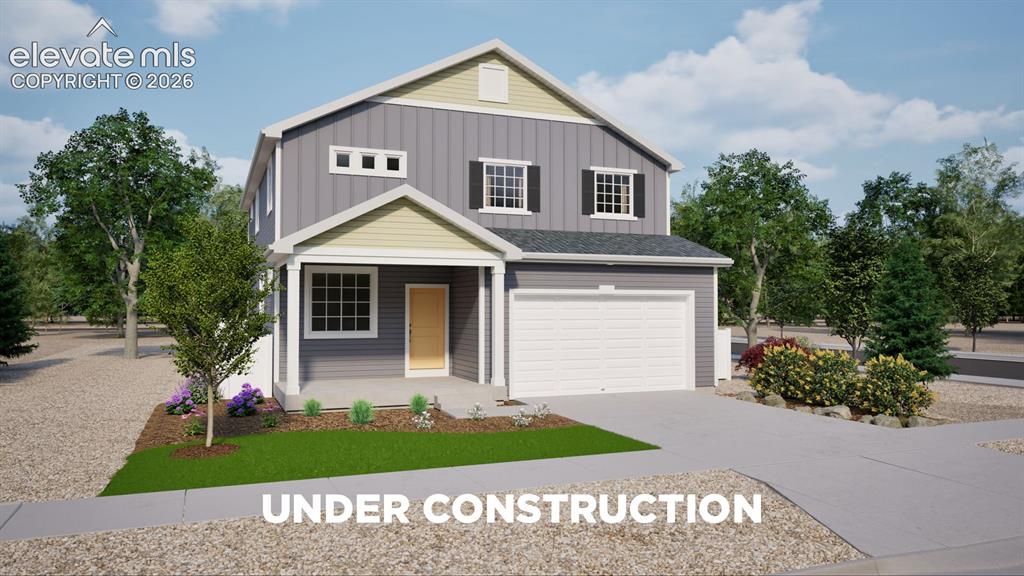 Caption: Two-story residence featuring grey siding, a covered front porch with white columns, and a light-col
