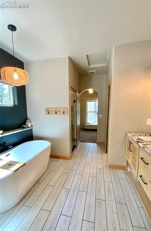 Image 15 of 47: Primary ensuite bathroom featuring vanity, wood-look tiled floors, a freest