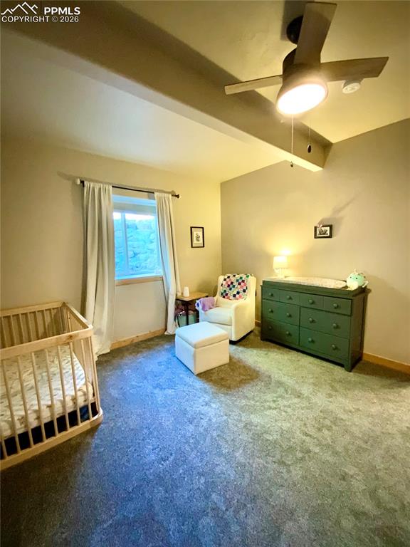 Image 35 of 47: Bedroom #4 with a ceiling fan and rock window well
