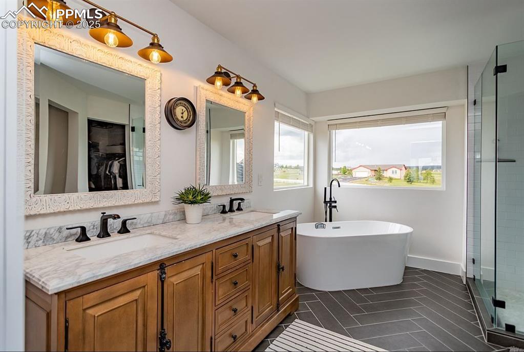 Image 20 of 44: Bathroom featuring a shower stall, a freestanding bath, double vanity, dark