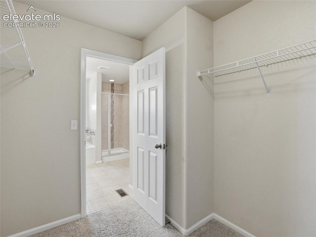 Image 29 of 45: Walk-in closet featuring wire shelving and carpet flooring