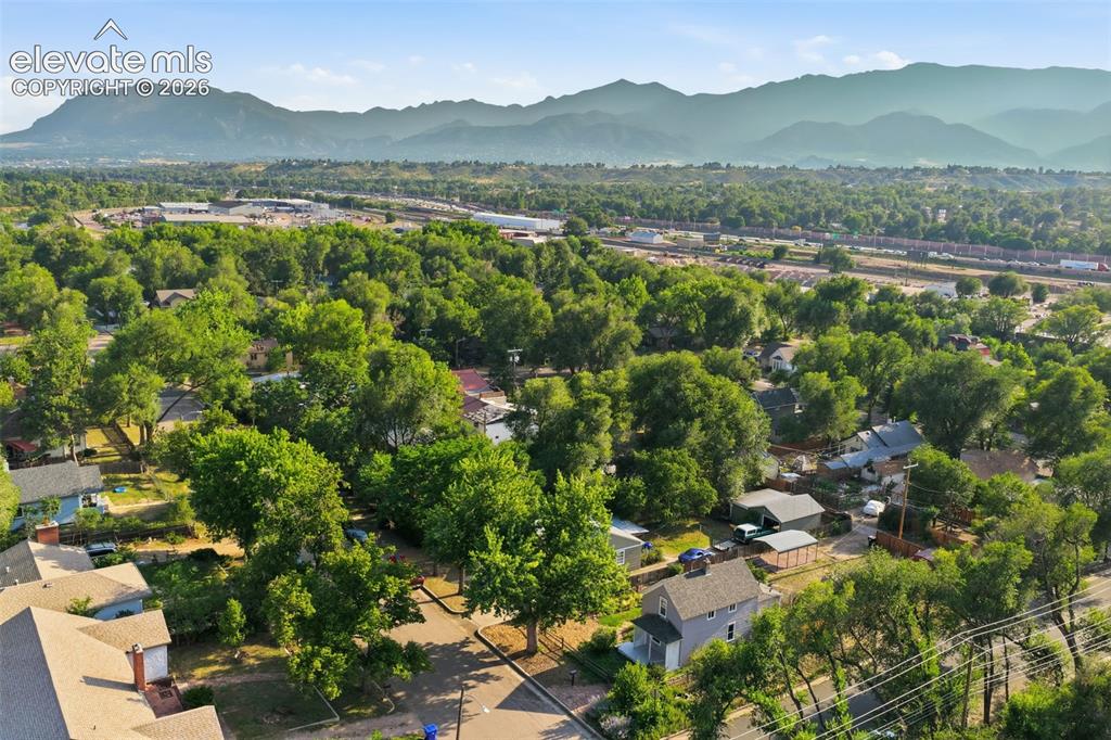 Image 39 of 40: Tree-lined neighborhood with a backdrop of distant mountains.