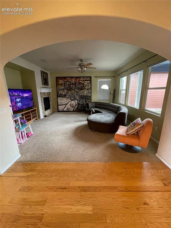 Image 6 of 27: Archway entry to a living area featuring a fireplace with a mantel, multipl