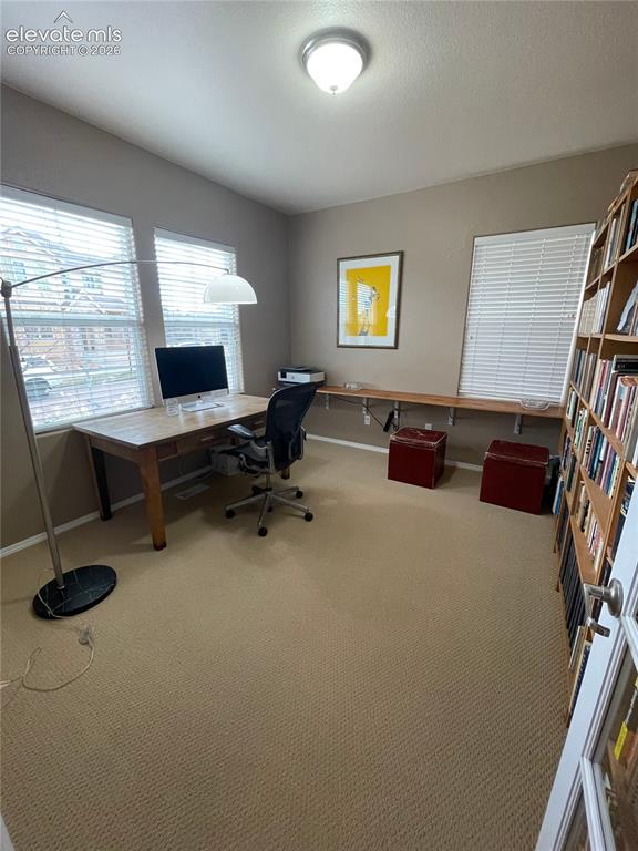 Image 7 of 27: Room featuring wall-to-wall carpeting, multiple windows with blinds, built-