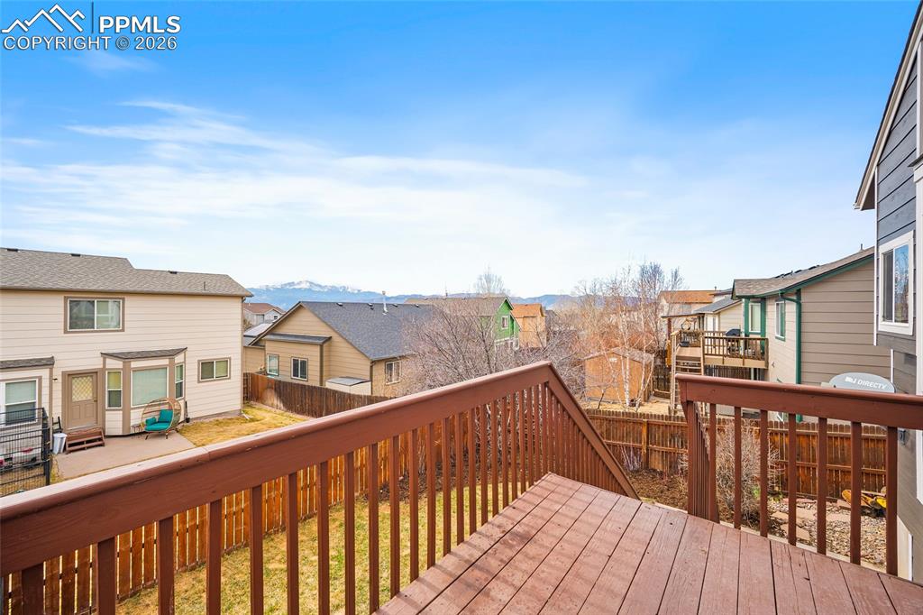 Image 33 of 46: Deck with a fenced backyard and a residential view
