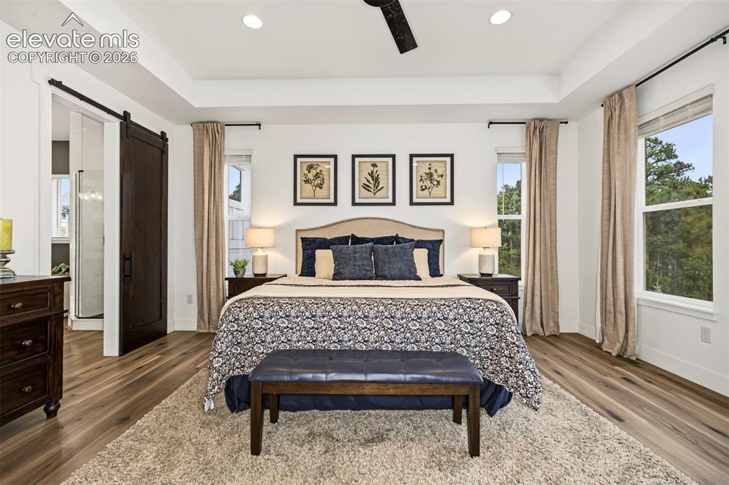 Image 28 of 50: Tray ceiling with recessed lighting