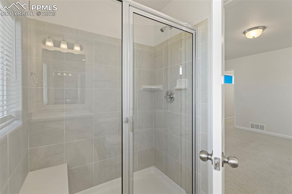 Image 24 of 35: Full bath with a stall shower and carpet flooring