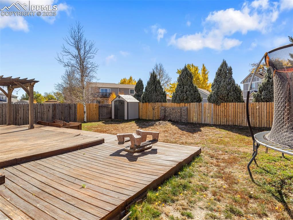 Image 28 of 29: Deck featuring a fenced backyard, a shed, and a trampoline