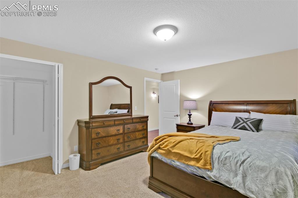 Image 43 of 50: Bedroom featuring light carpet and a textured ceiling