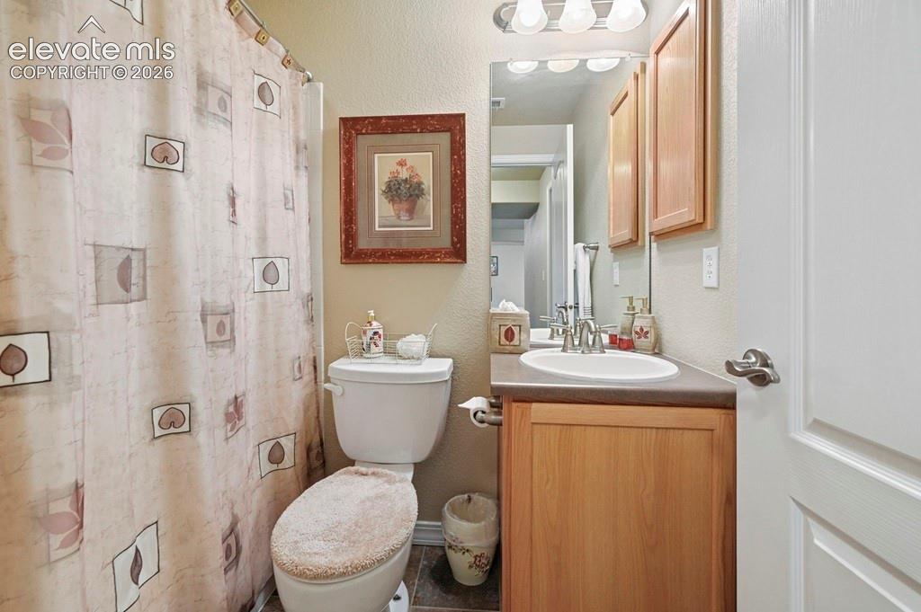 Image 30 of 39: Basement full bath Vanity with integrated sink, wood-finish cabinetry, and 