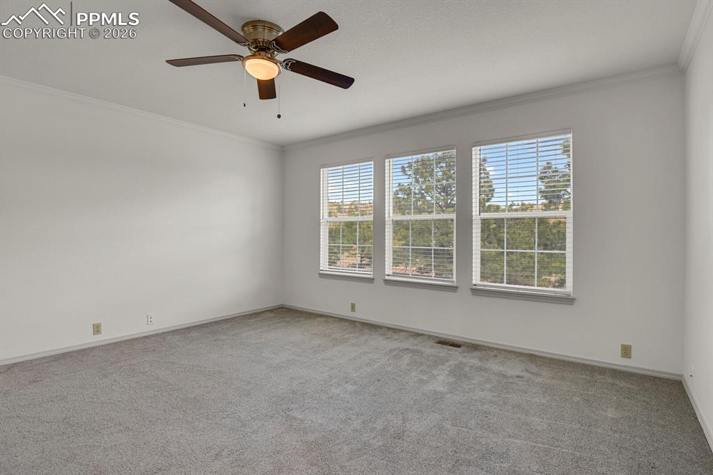 Image 25 of 50: This spacious room features neutral-toned carpeting, a ceiling fan with int