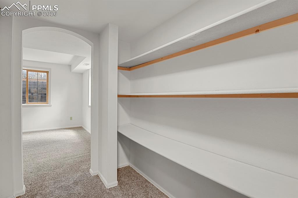 Image 39 of 50: This space features an arched entryway, carpeted flooring, and a window wit