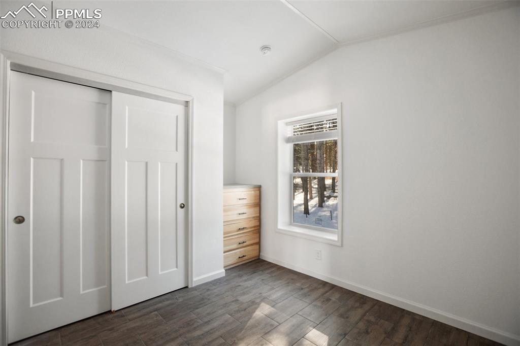 Image 6 of 15: Bedroom with a closet and vaulted ceiling