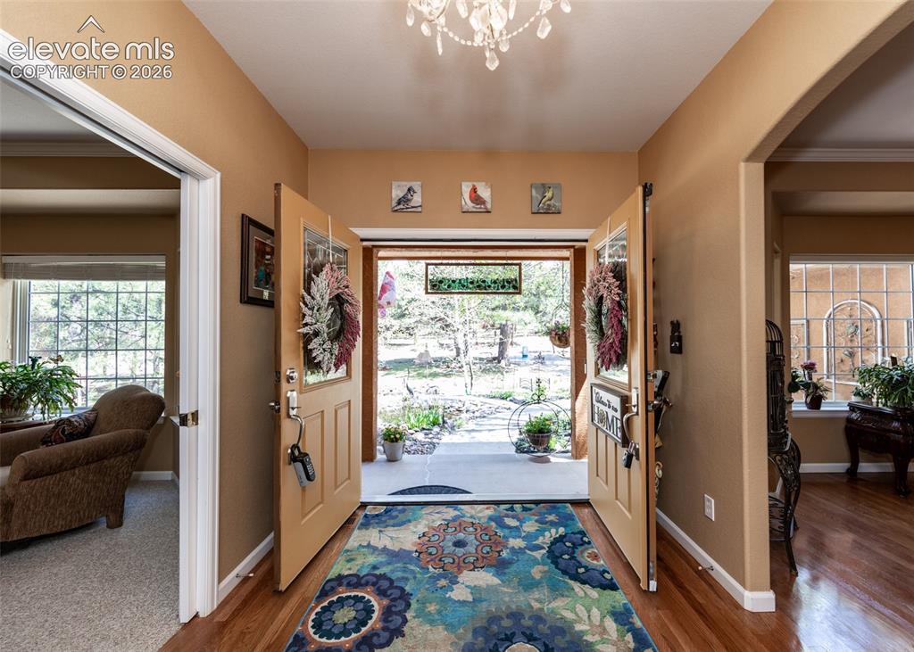 Image 12 of 50: Double entry doors with glass panels and sidelights open to a wood-finish f
